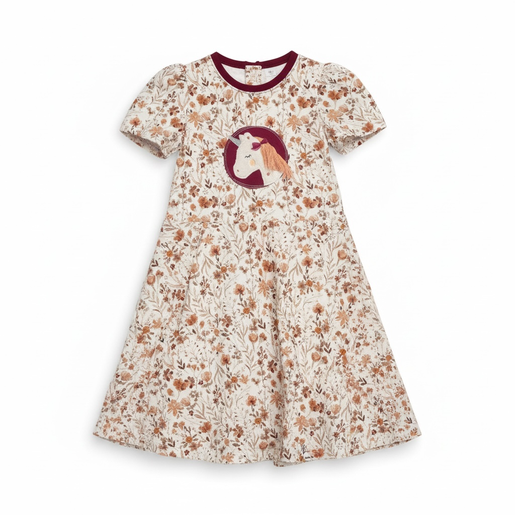 Kurzarm Drehkleid mit Einhorn -Stickerei #SW