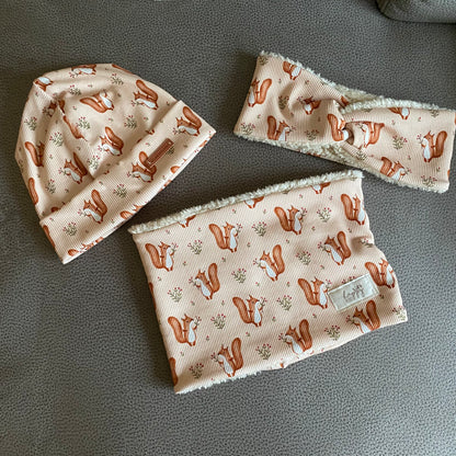 Rib Beanie und Loop Set "Modell Eichhörnchen" mit Teddyfutter