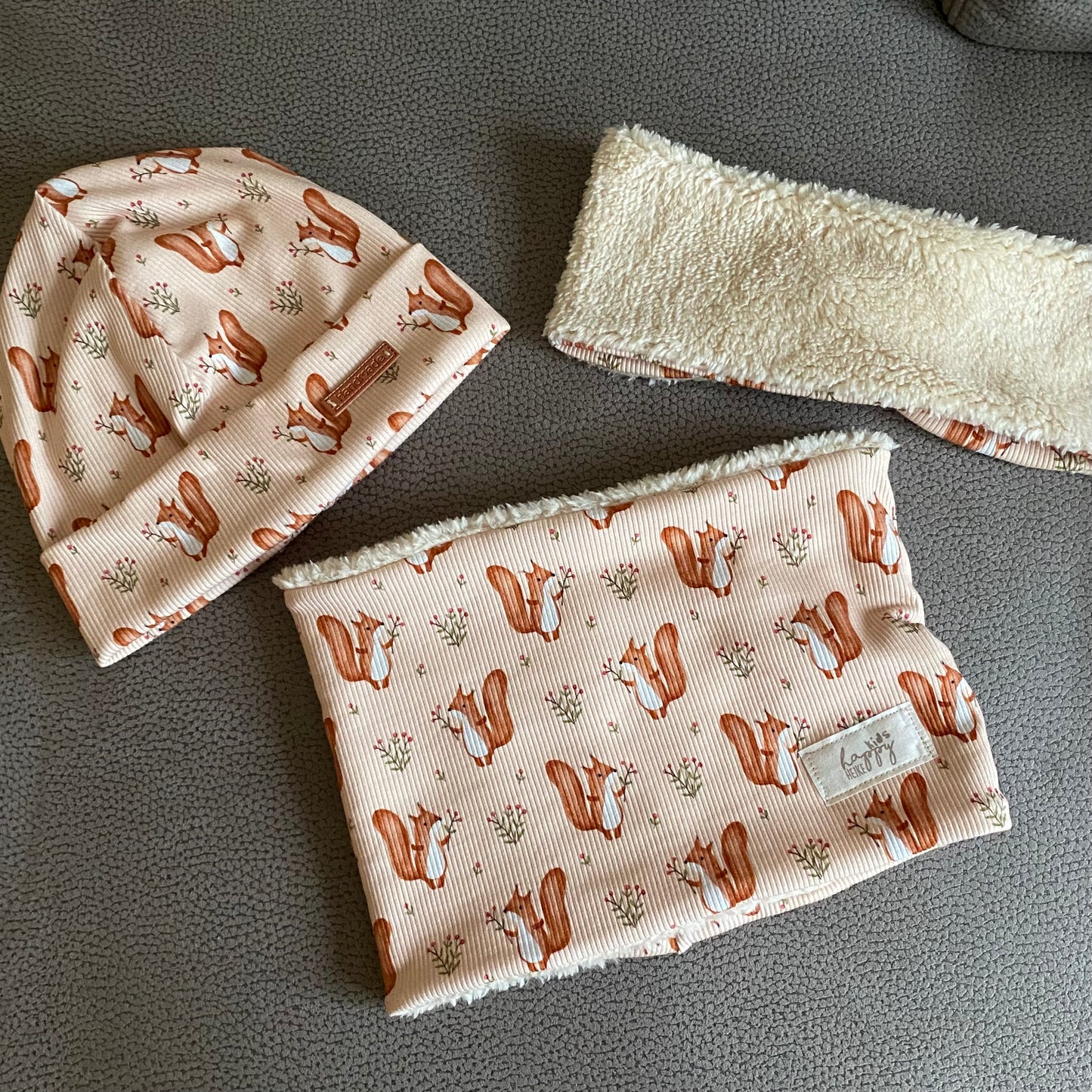 Rib Beanie und Loop Set "Modell Eichhörnchen" mit Teddyfutter