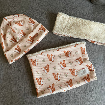 Rib Beanie und Loop Set "Modell Eichhörnchen" mit Teddyfutter