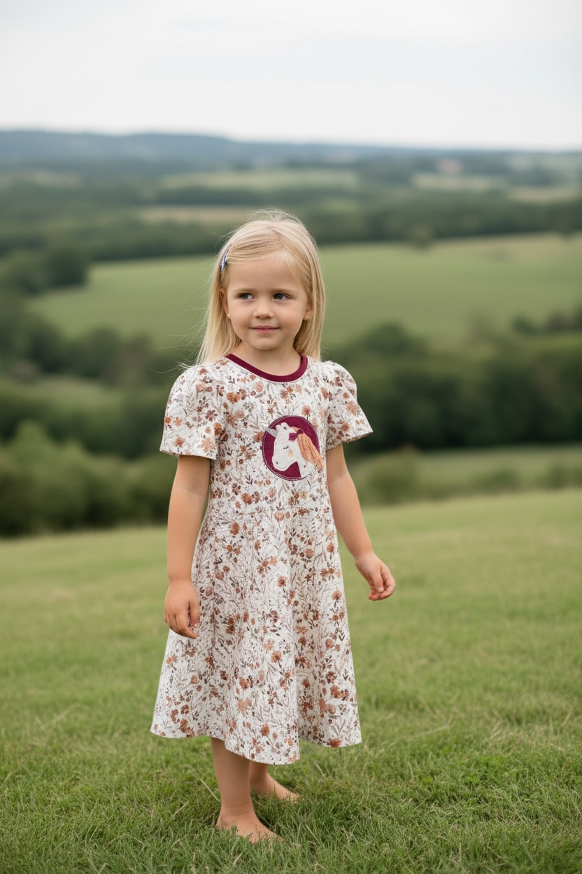 Kurzarm Drehkleid mit Einhorn -Stickerei #SW