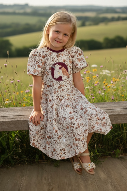 Kurzarm Drehkleid mit Einhorn -Stickerei #SW