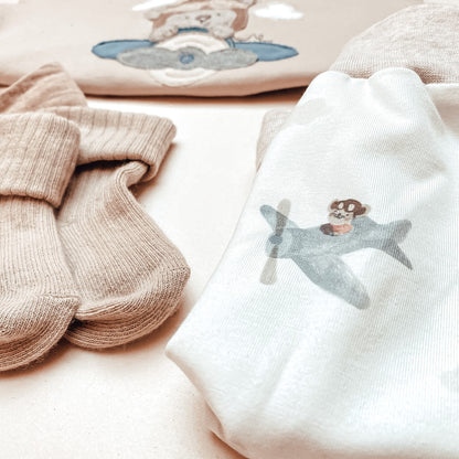 Baby- und Kinder Knotenmütze aus Baumwoll- Jersey Fliegerbär #RR 11
